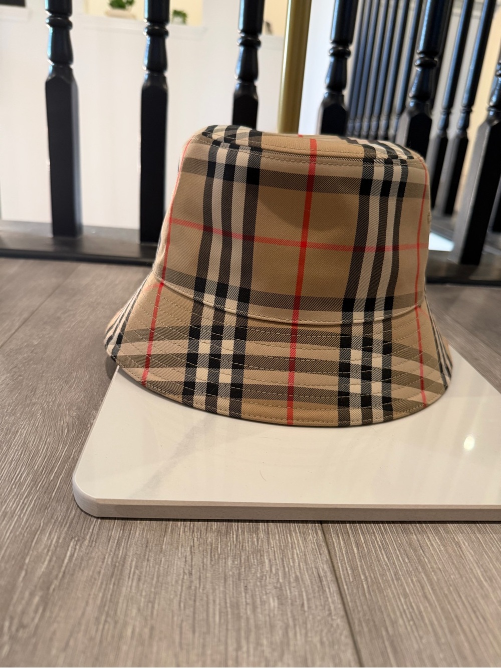 Burberry Plaid Bucket Hat - Beige, Black & Red Accent